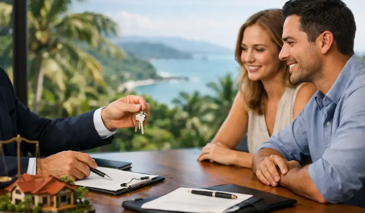 Abogado inmobiliario entregando llaves a compradores durante proceso de compra de propiedad en Costa Rica.