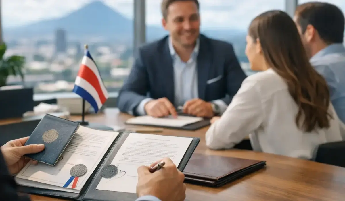 Abogado y clientes realizando proceso de certificar documentos en Costa Rica para uso internacional