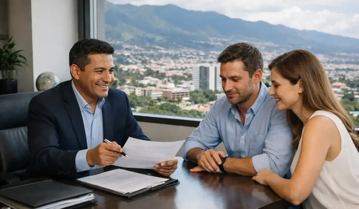 Abogado corporativo asesorando a pareja sobre cómo constituir una sociedad en Costa Rica durante reunión legal empresarial.