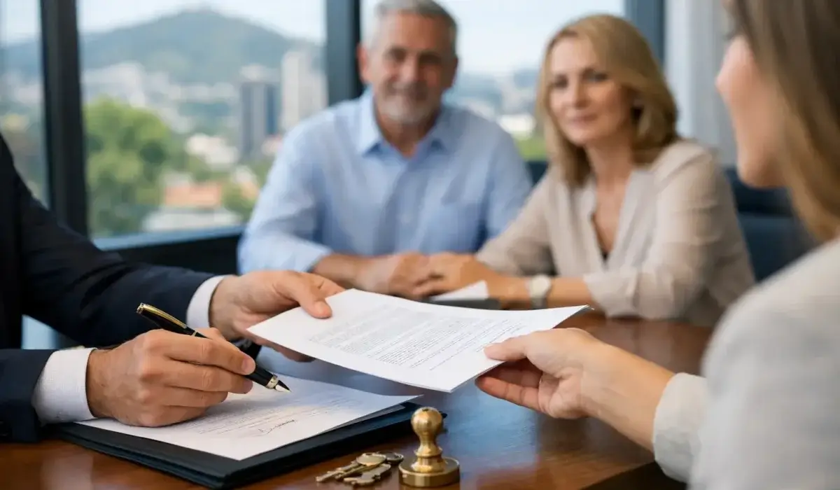 Cliente firmando y entregando un poder notarial para trámites legales en Costa Rica con asesoría de abogados y notarios en Escazú.